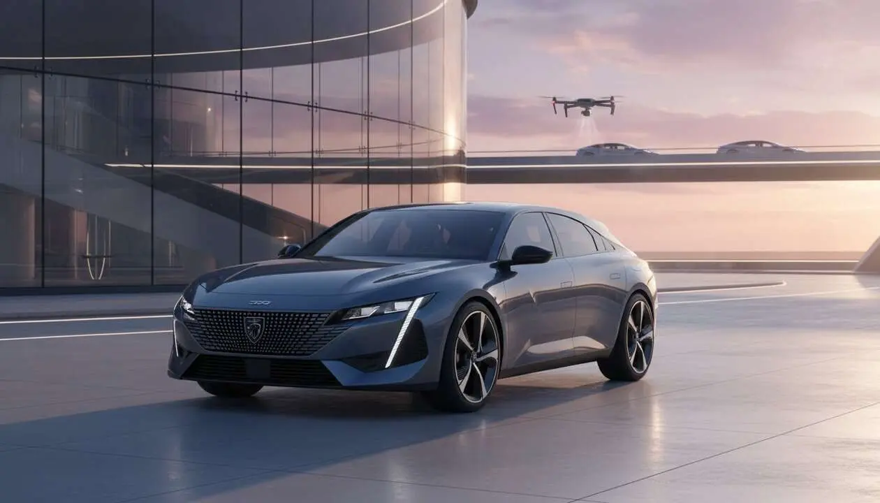  Peugeot Nuevo 408 2026 en color rojo en carretera mostrando su dise&ntilde;o moderno y tecnolog&iacute;a avanzada actualizada &mdash; Imagen generada por IA 