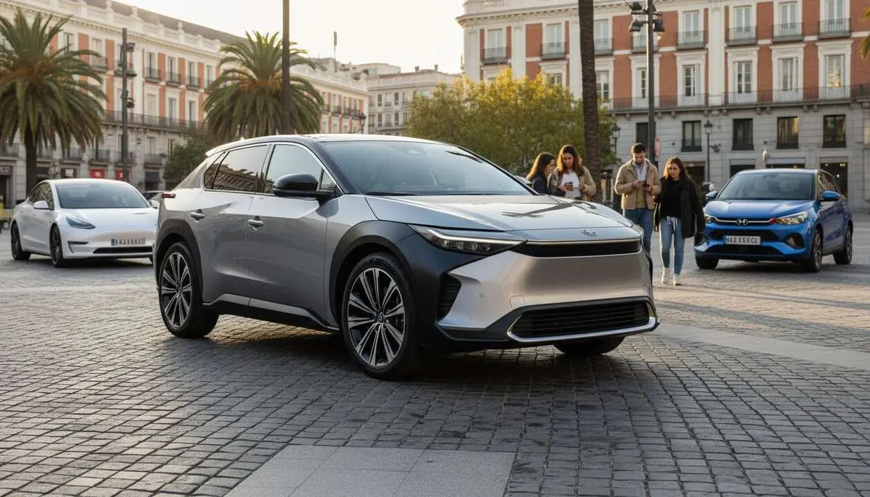  Toyota SUV el&eacute;ctrico compacto innovador compitiendo con Tesla y BYD en el mercado espa&ntilde;ol de veh&iacute;culos el&eacute;ctricos &mdash; Imagen generada por IA 