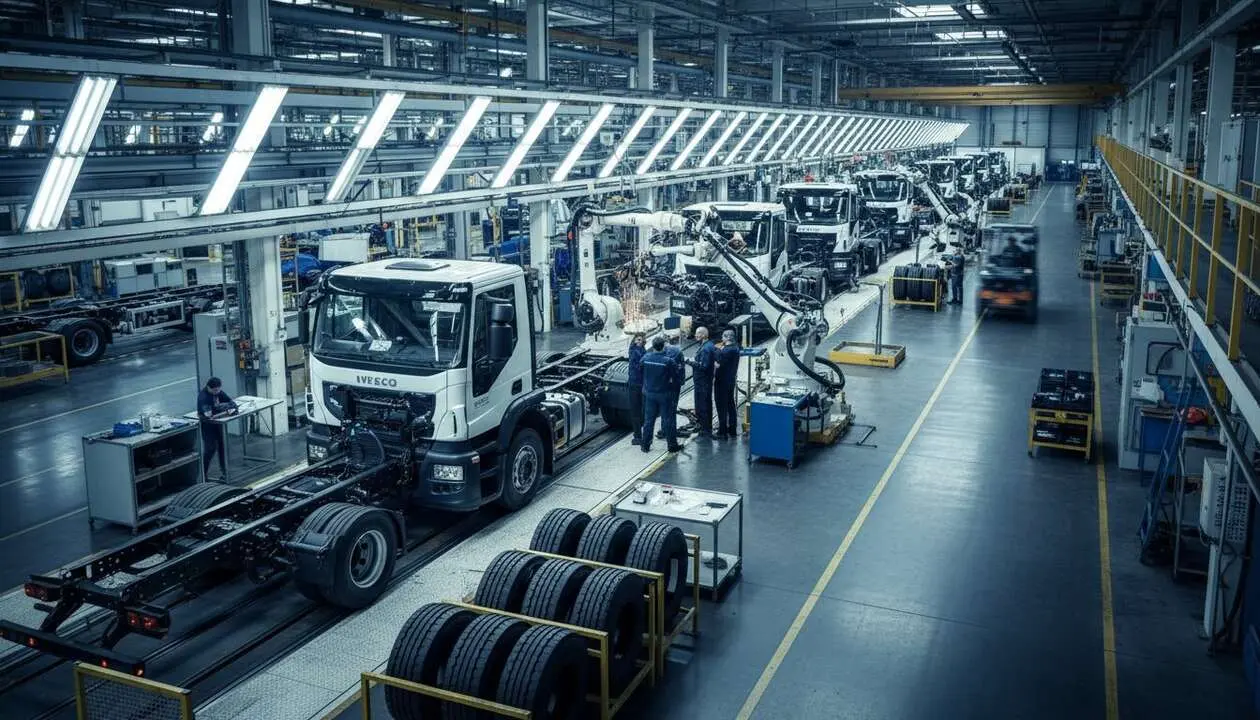  Proceso de fabricaci&oacute;n de camiones Iveco innovadores que est&aacute;n transformando el transporte en Madrid &mdash; Imagen generada por IA 
