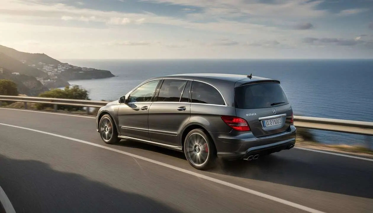  Mercedes Clase R 63 AMG en color rojo brillante mostrando su dise&ntilde;o deportivo exclusivo y potente monovolumen AMG &mdash; Imagen generada por IA 