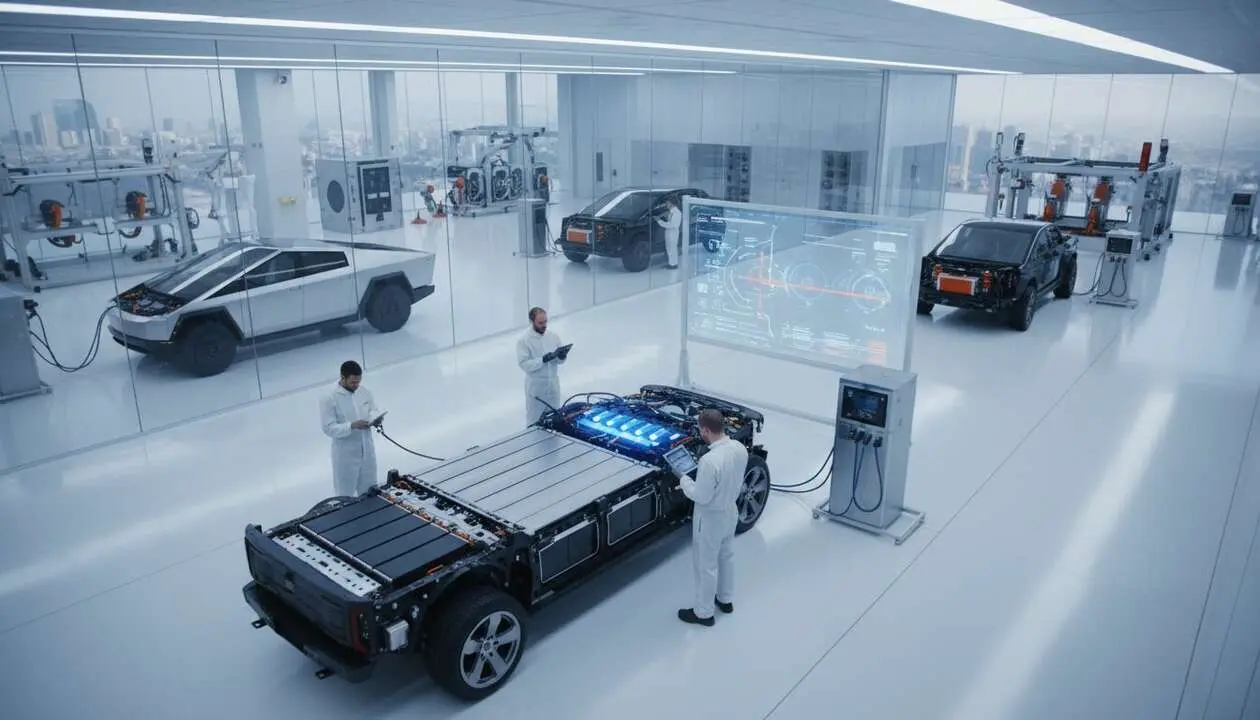  Comparativa de bater&iacute;as el&eacute;ctricas entre Ford y Tesla en la innovaci&oacute;n automotriz actual &mdash; Imagen generada por IA 
