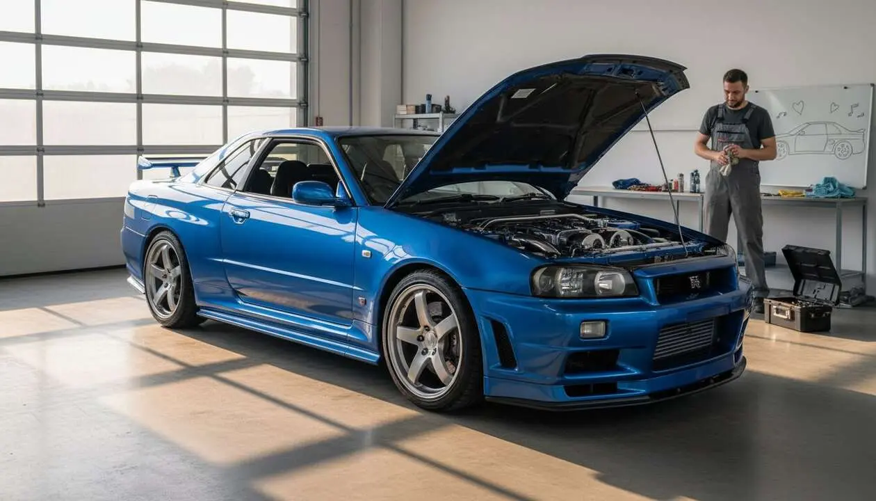  Nissan Skyline R34 restaurado por solo 1.000 d&oacute;lares con t&eacute;cnicas econ&oacute;micas y resultados sorprendentes &mdash; Imagen generada por IA 