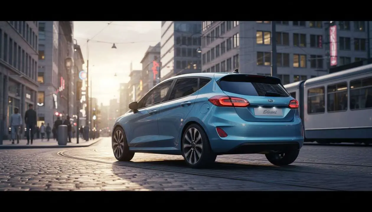 Ford Fiesta el&eacute;ctrico 2028 en la ciudad con dise&ntilde;o moderno y tecnolog&iacute;a avanzada para movilidad urbana sostenible &mdash; Imagen generada por IA 