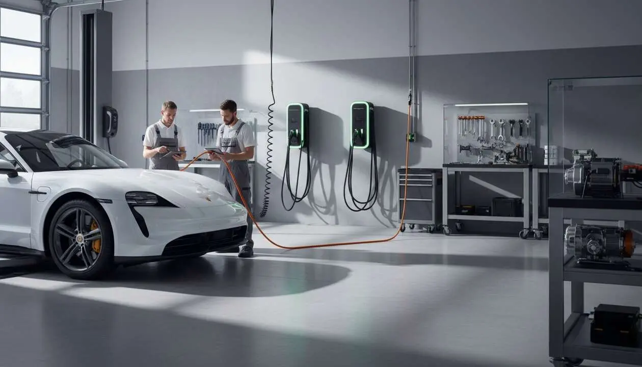  Taller oficial Porsche equipado para el mantenimiento y reparaci&oacute;n de coches el&eacute;ctricos con tecnolog&iacute;a avanzada &mdash; Imagen generada por IA 