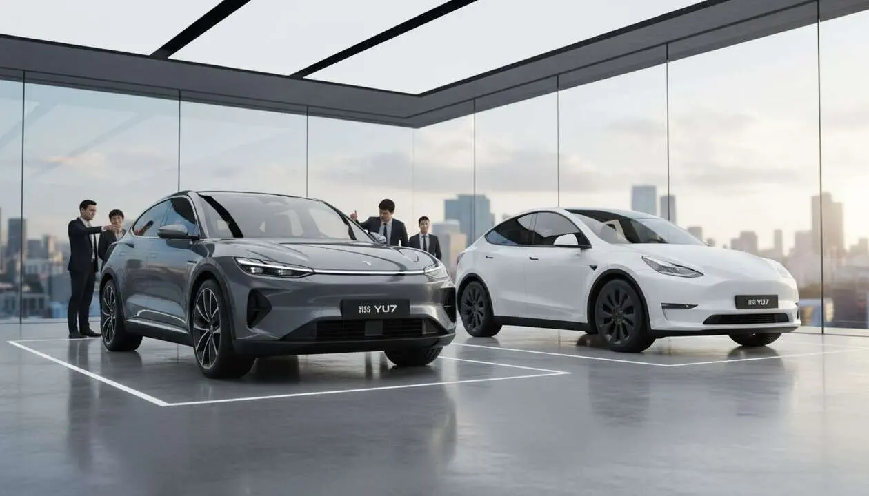  Xiaomi YU7 compitiendo con Tesla Model Y en dise&ntilde;o, tecnolog&iacute;a y rendimiento innovador del mercado actual &mdash; Imagen generada por IA 