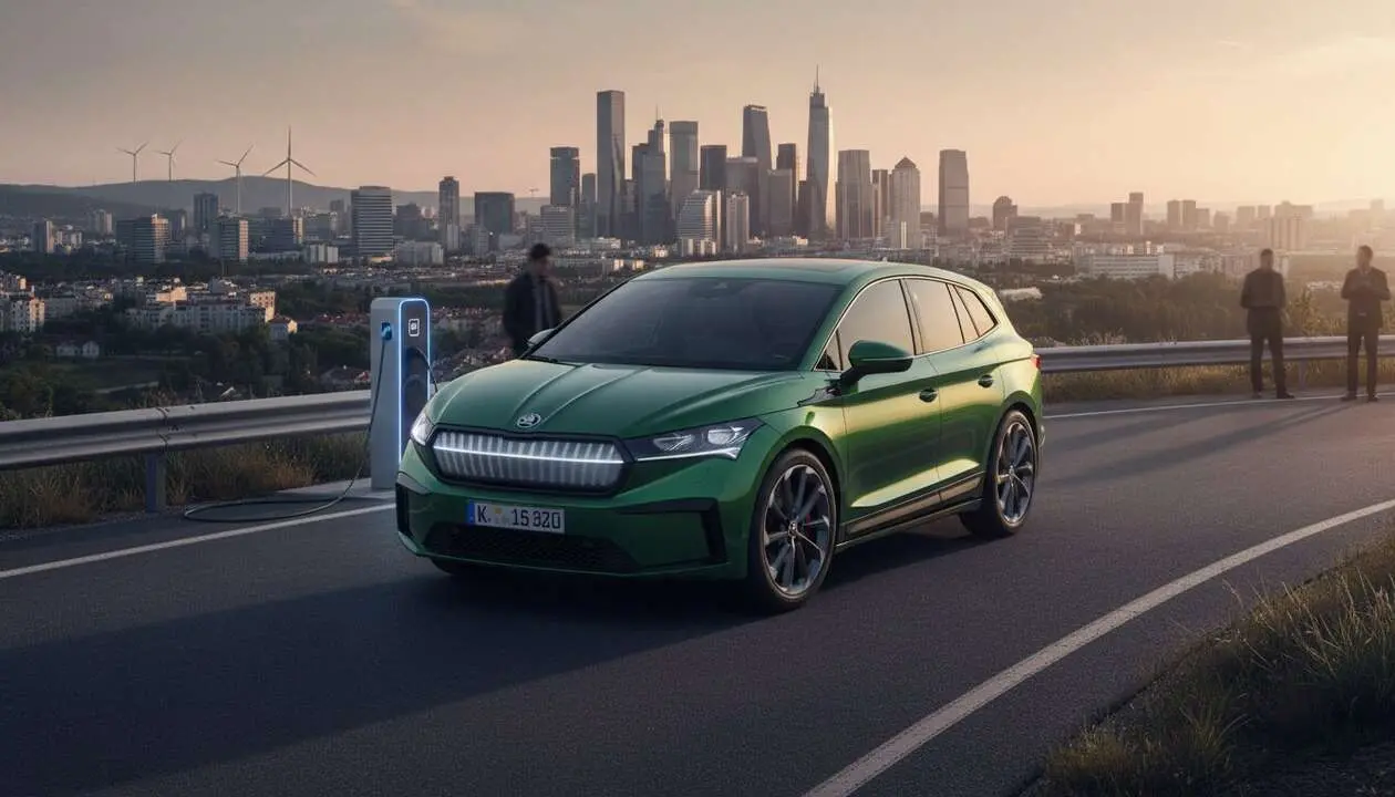  Skoda el&eacute;ctrico asequible en carretera mostrando innovaci&oacute;n y cambio en el sector de la automoci&oacute;n sostenible &mdash; Imagen generada por IA 