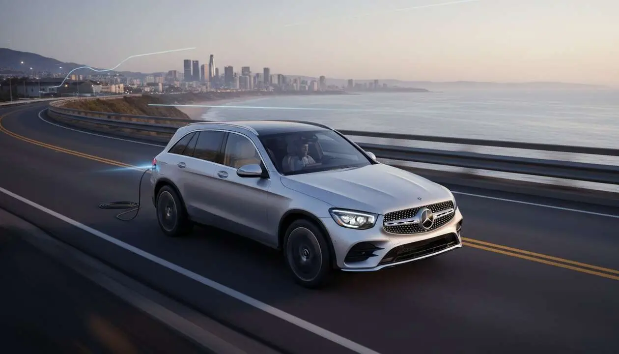  Mercedes GLC el&eacute;ctrico estacionado en ciudad moderna mostrando su revolucionaria tecnolog&iacute;a para la conducci&oacute;n diaria &mdash; Imagen generada por IA 