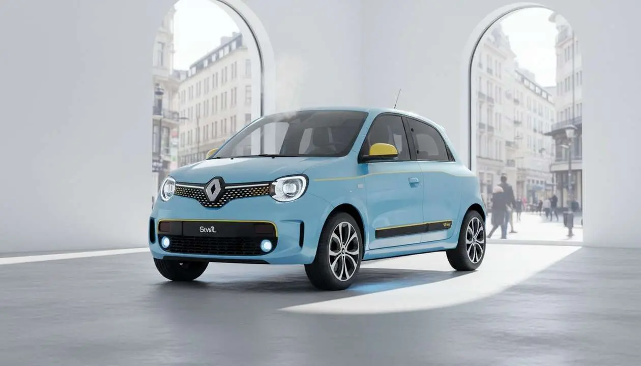  Renault Twingo el&eacute;ctrico 2024 mostrando dise&ntilde;o cl&aacute;sico y moderno en un entorno urbano con tecnolog&iacute;a avanzada &mdash; Imagen generada por IA 