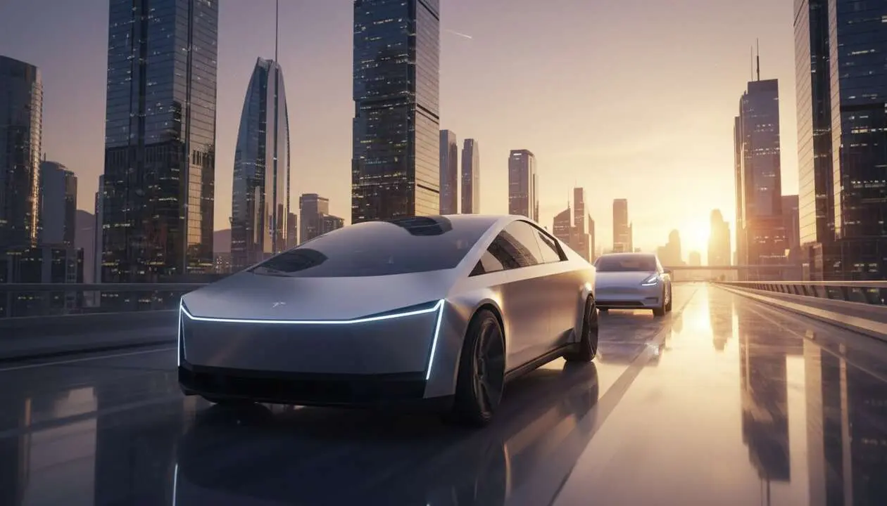 Tesla Cybercab el&eacute;ctrico mostrando su dise&ntilde;o innovador y alta eficiencia superior al Model Y en carretera urbana &mdash; Imagen generada por IA 