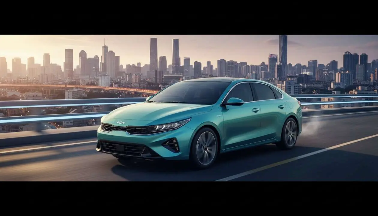  Kia K4 h&iacute;brido compacto coreano mostrando dise&ntilde;o moderno y tecnolog&iacute;a avanzada en carretera urbana &mdash; Imagen generada por IA 