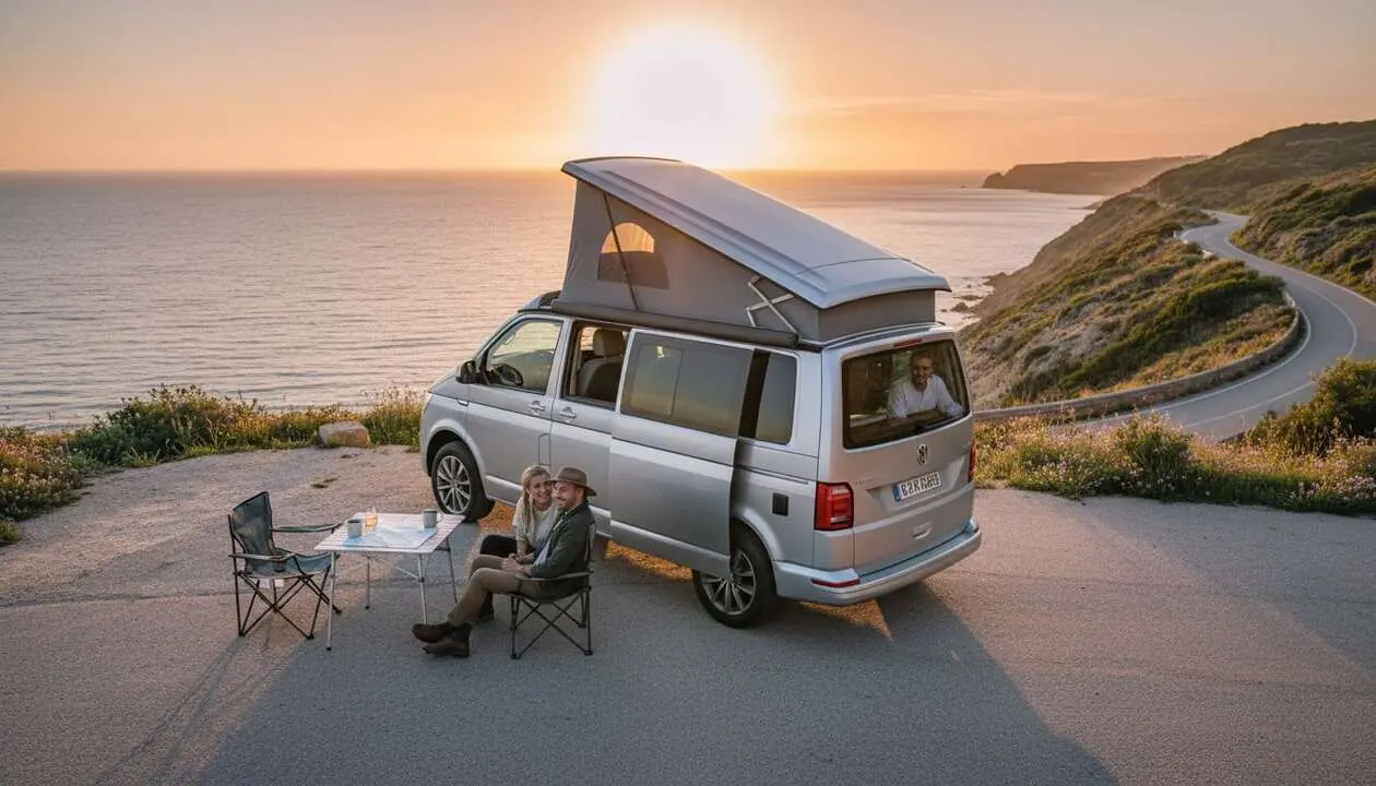  VW T7 Camper de Volkswagen, la furgoneta camper m&aacute;s ingeniosa y vers&aacute;til para aventuras y turismo &mdash; Imagen generada por IA 