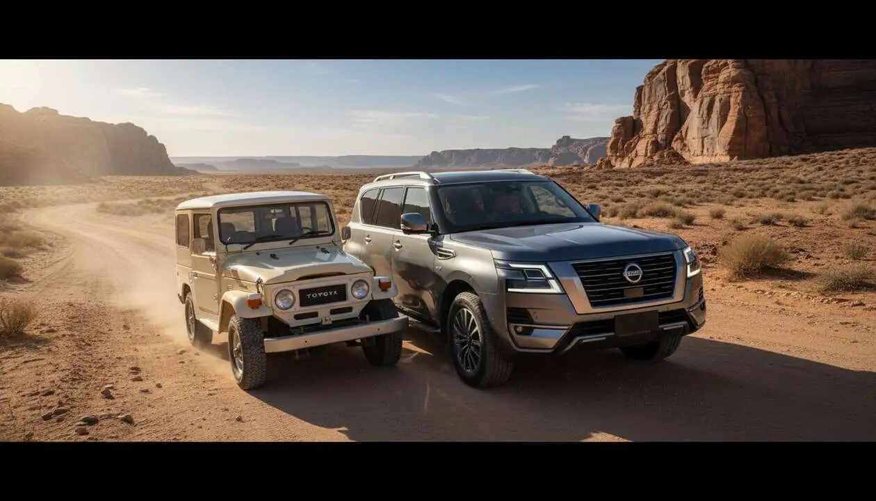  Nissan Patrol 2026 mostrando su dise&ntilde;o robusto y tecnolog&iacute;a avanzada frente al Toyota Land Cruiser cl&aacute;sico &mdash; Imagen generada por IA 