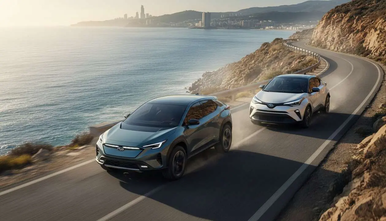  Subaru Uncharted SUV el&eacute;ctrico moderno en Europa compitiendo directamente con Toyota C-HR+ en el mercado de veh&iacute;culos ecol&oacute;gicos &mdash; Imagen generada por IA 
