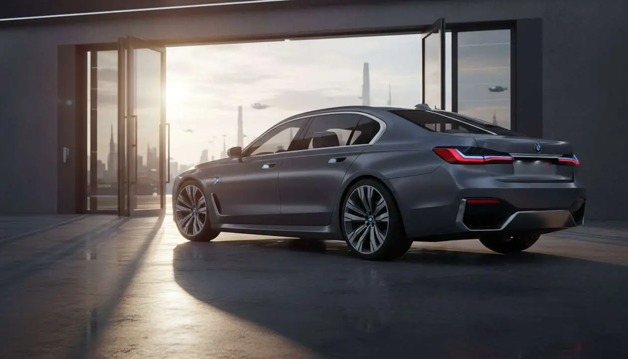  Nuevo BMW Serie 7 2026 aparcado en carretera mostrando su dise&ntilde;o y tecnolog&iacute;a avanzada en berlina premium &mdash; Imagen generada por IA 