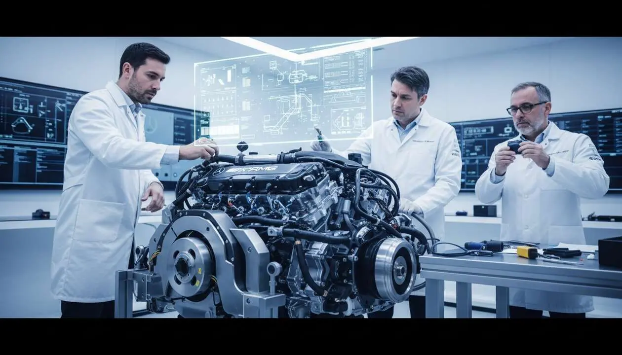  Motor Mercedes 2026 siendo inspeccionado en las verificaciones clave de la FIA para la nueva normativa automovil&iacute;stica &mdash; Imagen generada por IA 