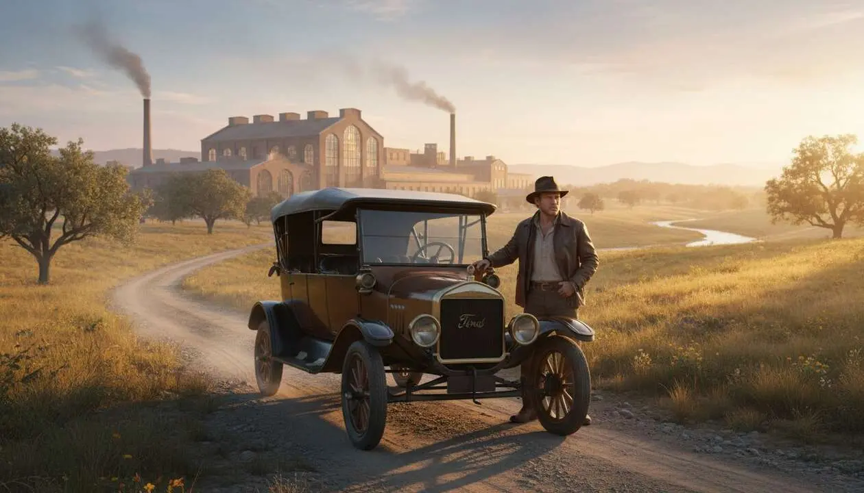  Harrison Ford junto a un coche Ford cl&aacute;sico mostrando la conexi&oacute;n &uacute;nica entre el actor y la marca automotriz Ford &mdash; Imagen generada por IA 