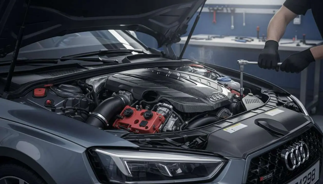  Motor V8 bi-turbo mejorado de Audi RS 5 mostrando innovaci&oacute;n y potencia en dise&ntilde;o avanzado &mdash; Imagen generada por IA 
