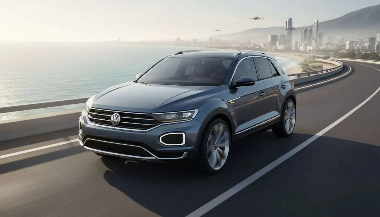  Volkswagen T-Roc 2026 en carretera mostrando su dise&ntilde;o moderno y caracter&iacute;sticas de SUV competitivo en el mercado actual &mdash; Imagen generada por IA 