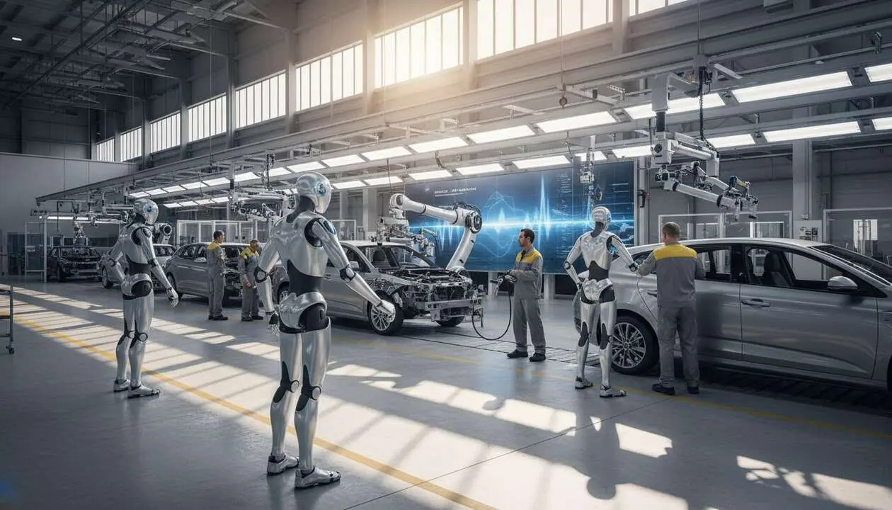  Robot humanoide en planta de Renault en Espa&ntilde;a revolucionando la producci&oacute;n industrial automotriz &mdash; Imagen generada por IA 