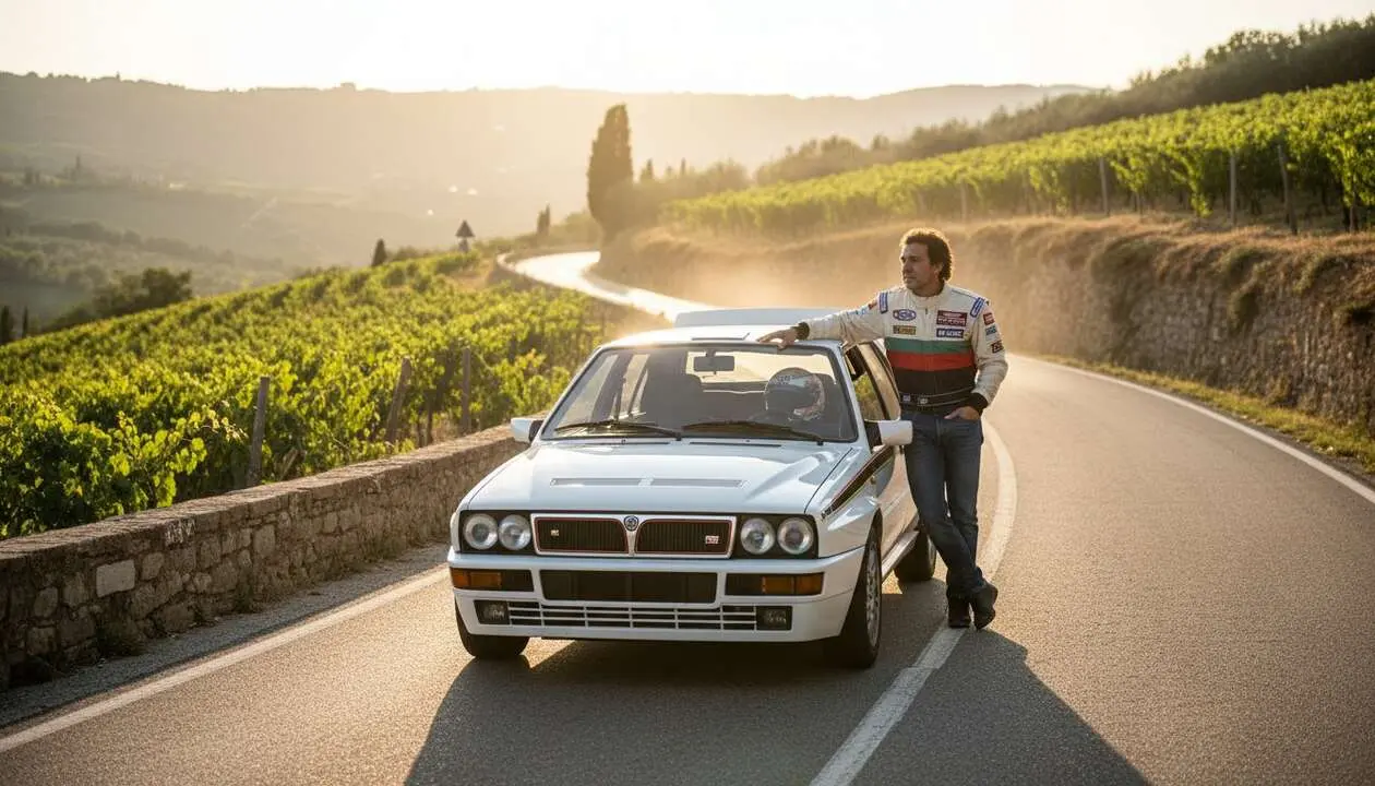  Fernando Alonso conduce su exclusivo Lancia Delta HF Integrale, un &iacute;cono cl&aacute;sico de los a&ntilde;os 90 celebrado por los aficionados al motor &mdash; Imagen generada por IA 