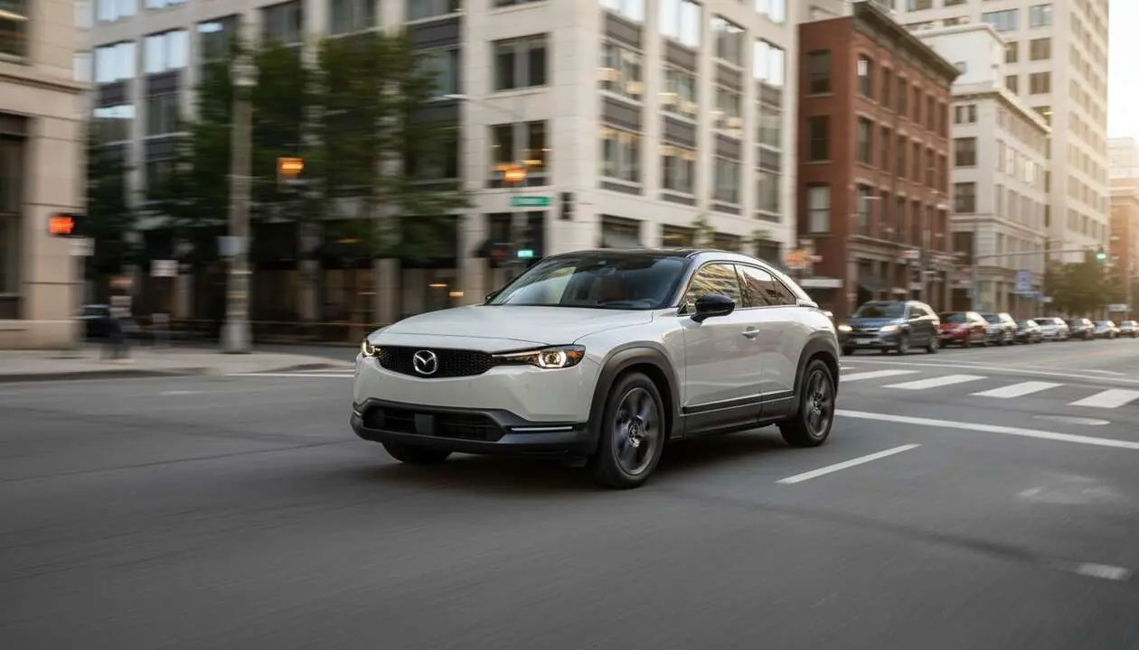  Mazda MX-30 SUV el&eacute;ctrico en movimiento por la ciudad mostrando su dise&ntilde;o moderno y sostenible &mdash; Imagen generada por IA 