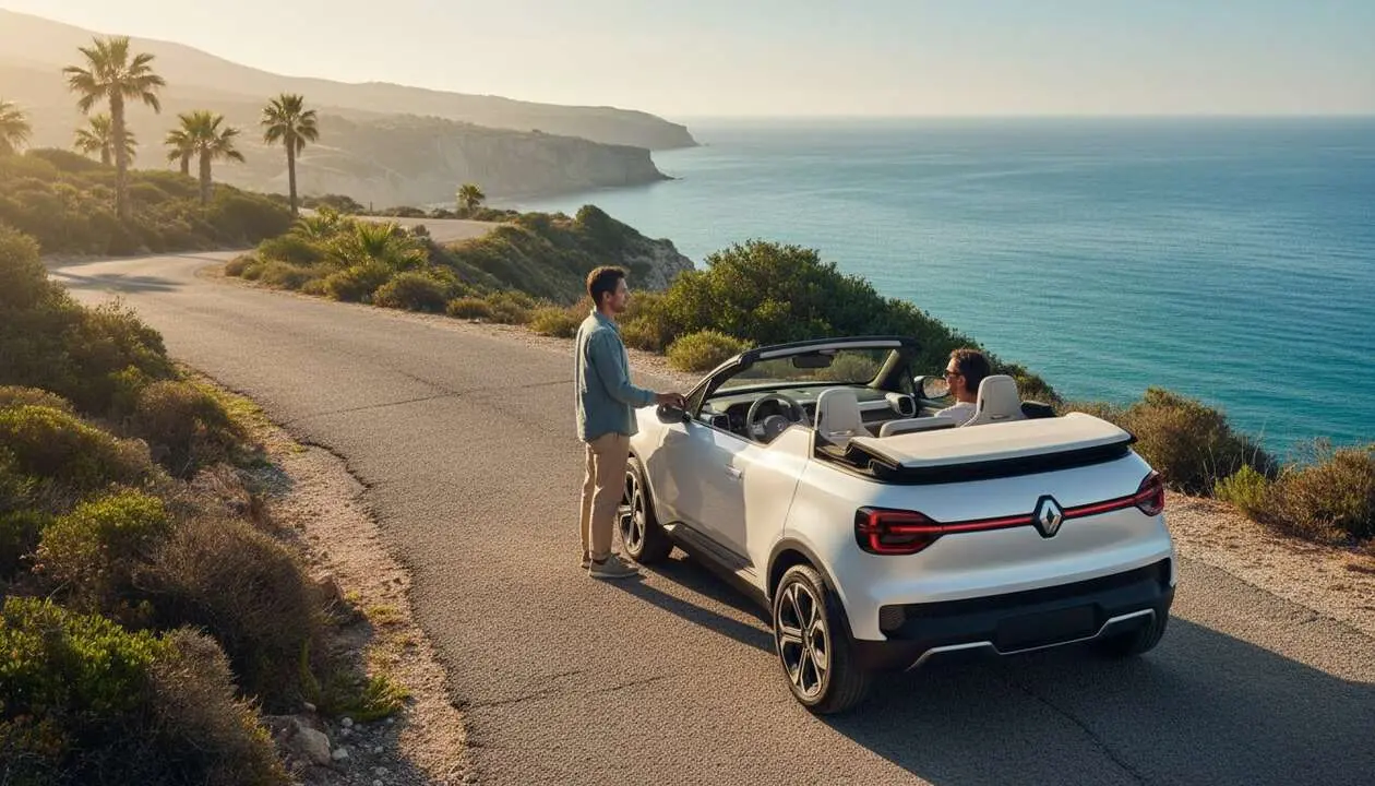  Renault 4 E-Tech Plein Sud el&eacute;ctrica y descapotable en color blanco con fondo de paisaje soleado &mdash; Imagen generada por IA 
