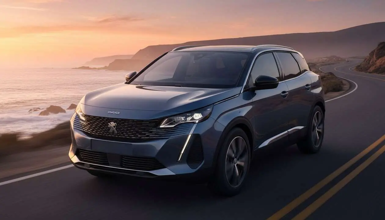  Nuevo SUV Peugeot 2024 en color rojo brillante estacionado en paisaje urbano moderno mostrando dise&ntilde;o elegante y deportivo &mdash; Imagen generada por IA 