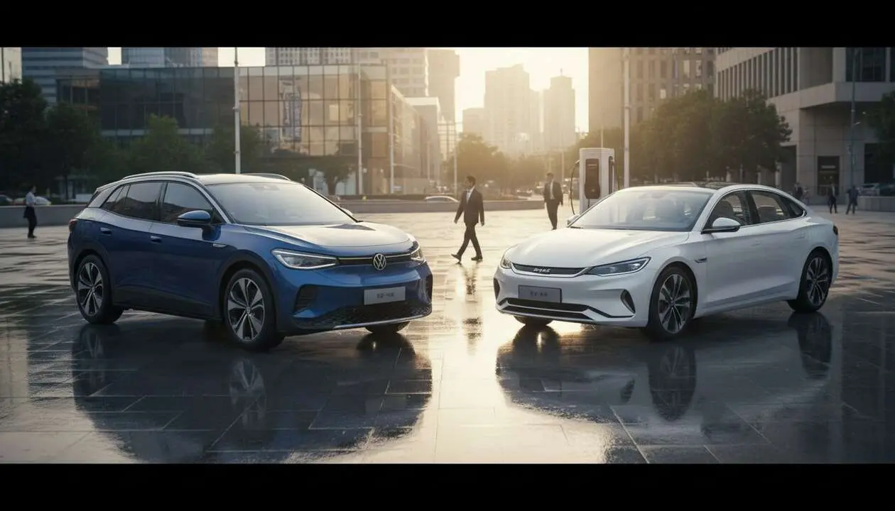  Volkswagen y BYD comparados en la batalla por liderar el mercado de coches el&eacute;ctricos del futuro &mdash; Imagen generada por IA 