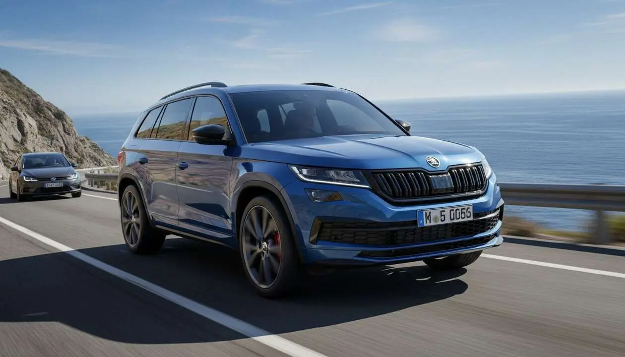  Skoda Kodiaq RS 2026 en carretera mostrando su dise&ntilde;o deportivo y estilo SUV inspirado en el Golf GTI &mdash; Imagen generada por IA 