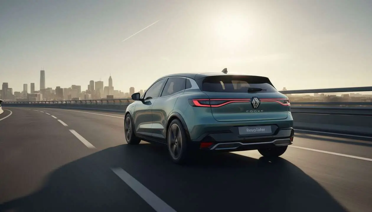  Renault Megane E-Tech el&eacute;ctrico en carretera urbana mostrando su dise&ntilde;o innovador y tecnolog&iacute;a avanzada &mdash; Imagen generada por IA 