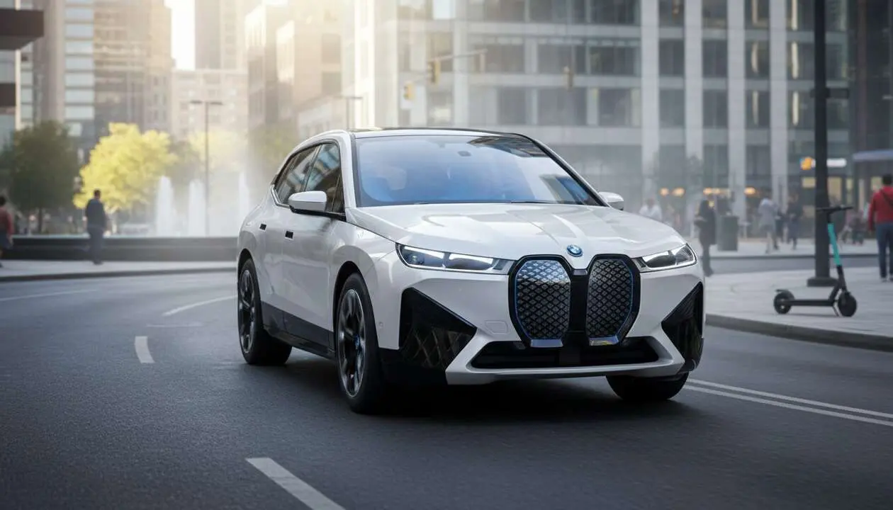 BMW iX el&eacute;ctrico en color azul circulando por una ciudad moderna en un d&iacute;a soleado innovando la movilidad urbana &mdash; Imagen generada por IA 