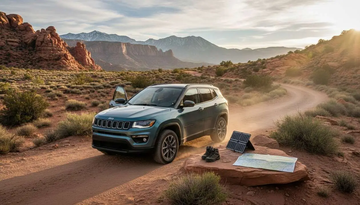  Jeep Compass 4xe en acci&oacute;n mostrando su impresionante autonom&iacute;a de casi 700 km para aventuras off-road &mdash; Imagen generada por IA 