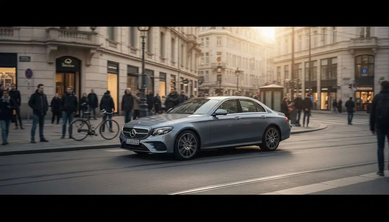  Mercedes-Benz E 300 e 2026 conduciendo en ciudad mostrando su consumo real y eficiencia energ&eacute;tica detallada &mdash; Imagen generada por IA 
