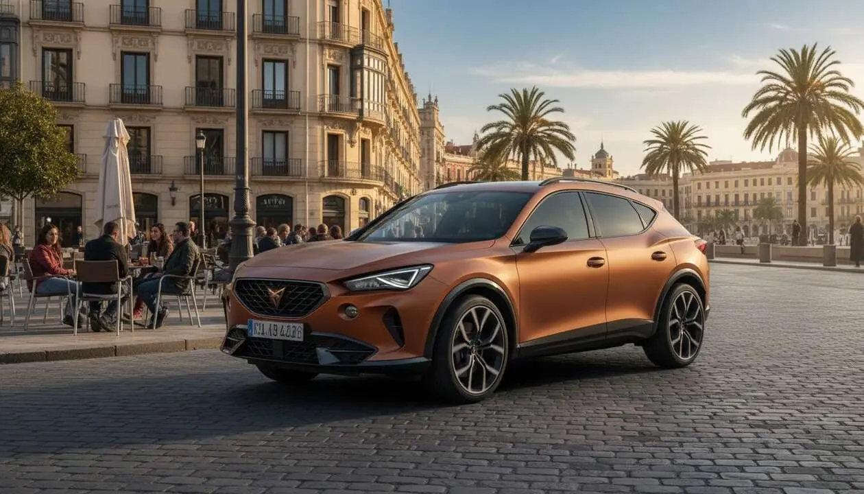  Cupra Formentor SUV deportivo en color rojo brillante con dise&ntilde;o moderno circulando por carretera en Espa&ntilde;a &mdash; Imagen generada por IA 