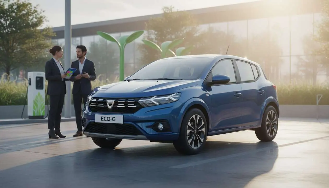  Dacia Sandero ECO-G renovado mostrando su dise&ntilde;o moderno y eficiencia con etiqueta ECO para ahorrar combustible &mdash; Imagen generada por IA 