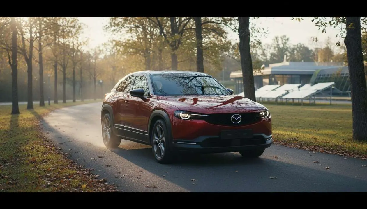  Mazda MX-30 el&eacute;ctrico en carretera mostrando su dise&ntilde;o moderno y apuesta ecol&oacute;gica innovadora para el futuro sostenible &mdash; Imagen generada por IA 