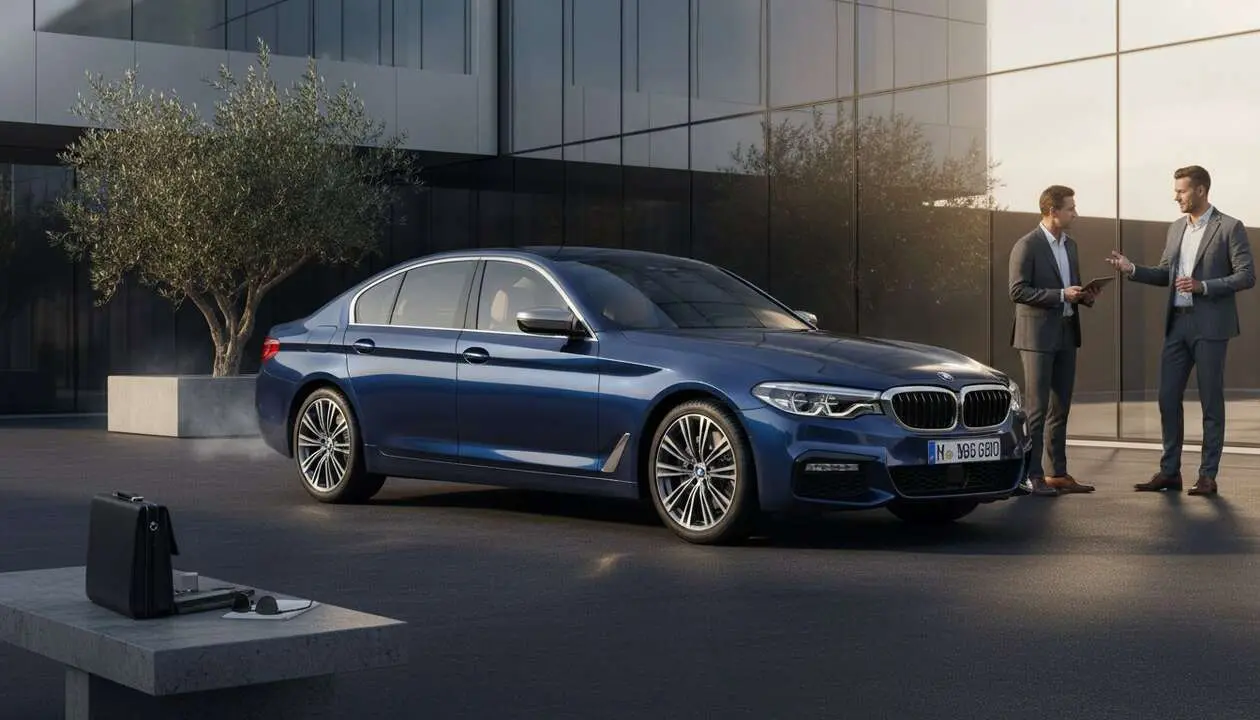  BMW Serie 5 destacado en carretera mostrando su dise&ntilde;o elegante y tecnolog&iacute;a avanzada en autos de lujo &mdash; Imagen generada por IA 