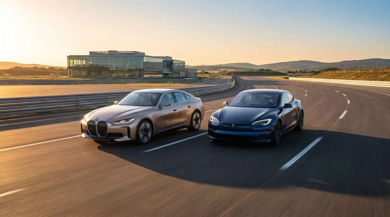  Comparativa BMW y Tesla en la carrera por liderar el mercado de coches el&eacute;ctricos del futuro &mdash; Imagen generada por IA 