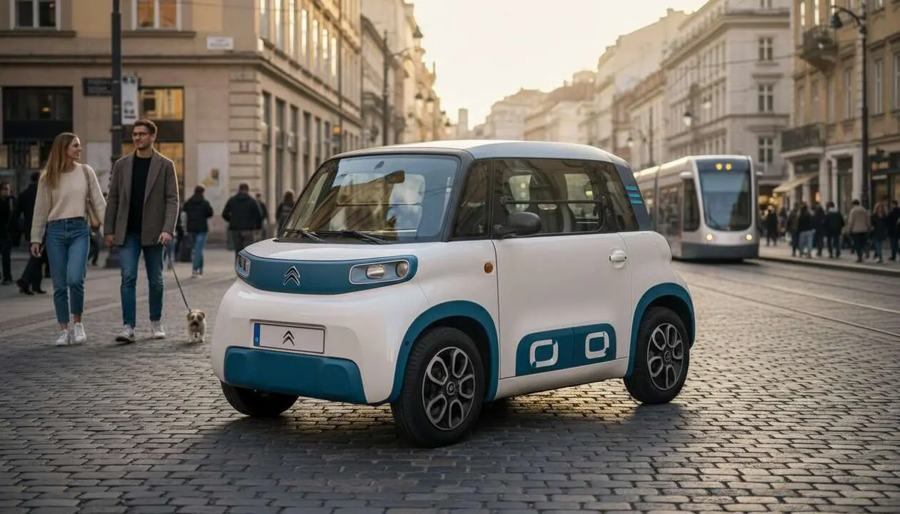  Citro&euml;n Ami el&eacute;ctrico peque&ntilde;o y compacto ideal para movilidad urbana en ciudades modernas y sostenibles &mdash; Imagen generada por IA 