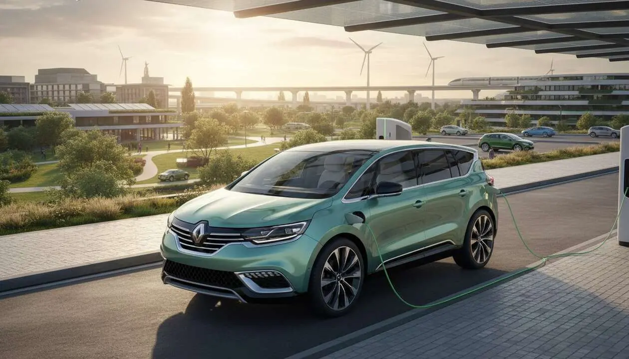  Renault Espace h&iacute;brido en carretera mostrando su dise&ntilde;o innovador y tecnolog&iacute;a sostenible para un futuro verde &mdash; Imagen generada por IA 