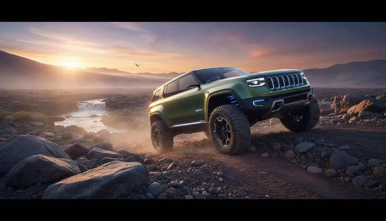  Jeep el&eacute;ctrico todoterreno moderno en acci&oacute;n mostrando innovaci&oacute;n y futuro sostenible de veh&iacute;culos 4x4 &mdash; Imagen generada por IA 
