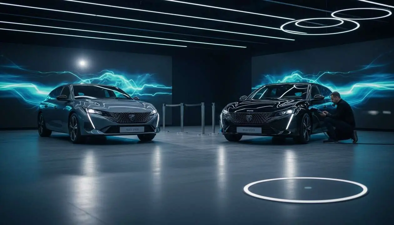  Comparativa Peugeot e-408 el&eacute;ctrico y 308 SW PHEV h&iacute;brido mostrando dise&ntilde;o y tecnolog&iacute;a avanzada para elegir tu pr&oacute;ximo coche &mdash; Imagen generada por IA 