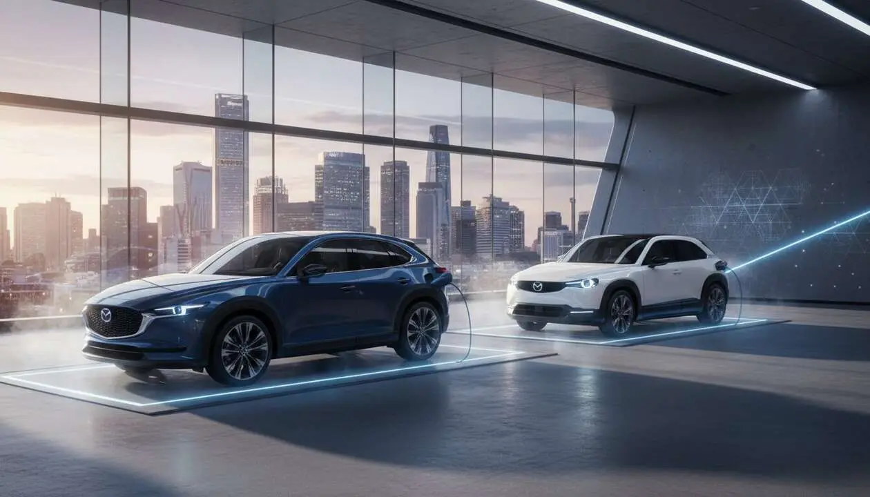  Mazda CX-5 y MX-30 presentando innovaciones clave que transforman el mercado de coches el&eacute;ctricos modernos &mdash; Imagen generada por IA 