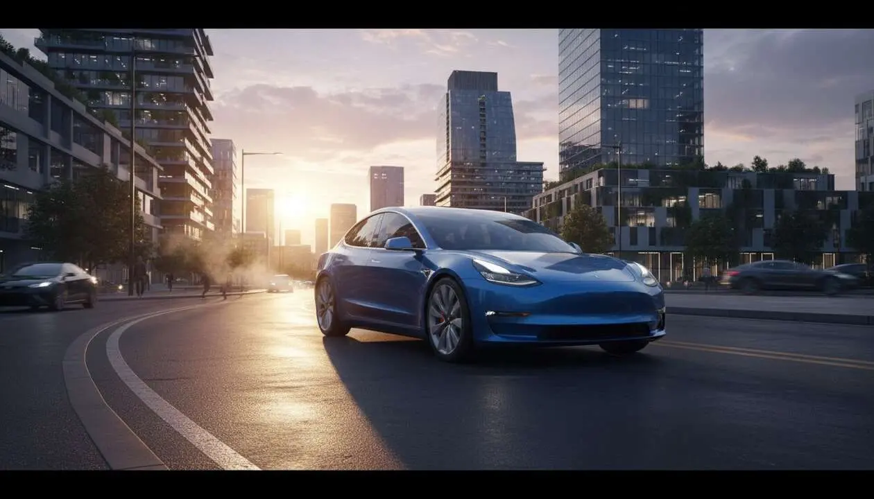 Tesla Model 3 en carretera demostrando la revoluci&oacute;n de la movilidad el&eacute;ctrica y tecnolog&iacute;a avanzada &mdash; Imagen generada por IA 