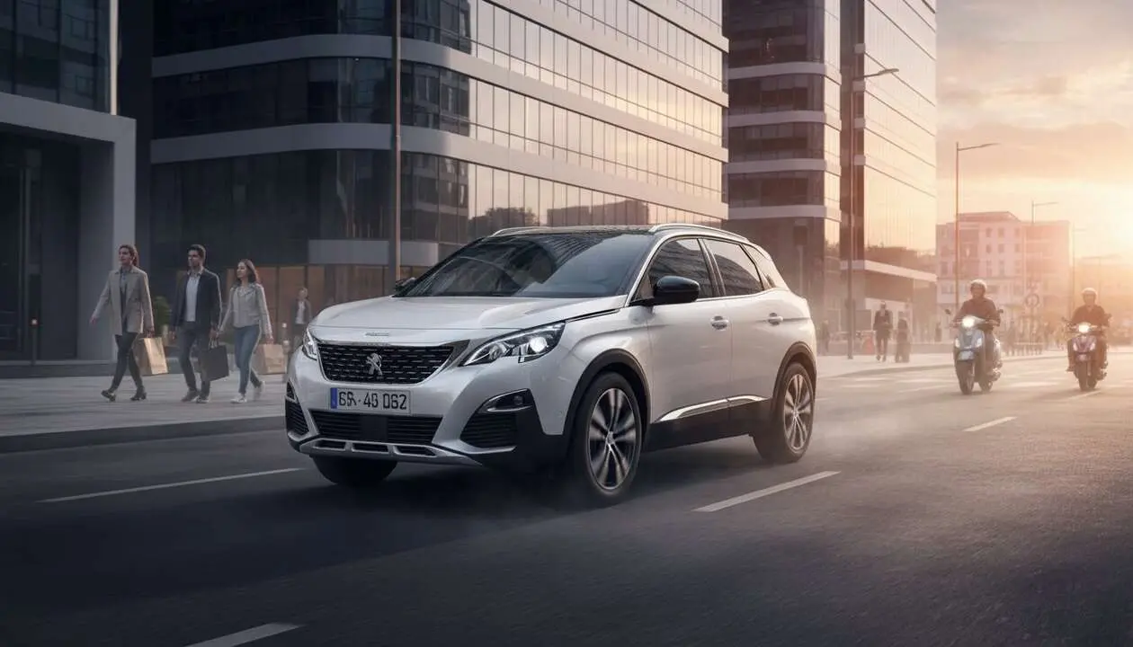  Peugeot 3008 en acci&oacute;n en la ciudad mostrando su dise&ntilde;o moderno y tecnolog&iacute;a avanzada para SUV compactos &mdash; Imagen generada por IA 