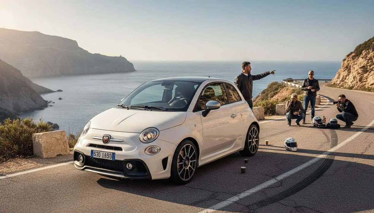  Abarth 595 en carretera mostrando su dise&ntilde;o deportivo y potencia para los aficionados al motor &mdash; Imagen generada por IA 
