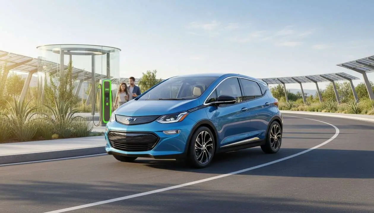  Chevrolet Bolt EV estacionado en ciudad moderna mostrando su dise&ntilde;o el&eacute;ctrico innovador y eficiente &mdash; Imagen generada por IA 