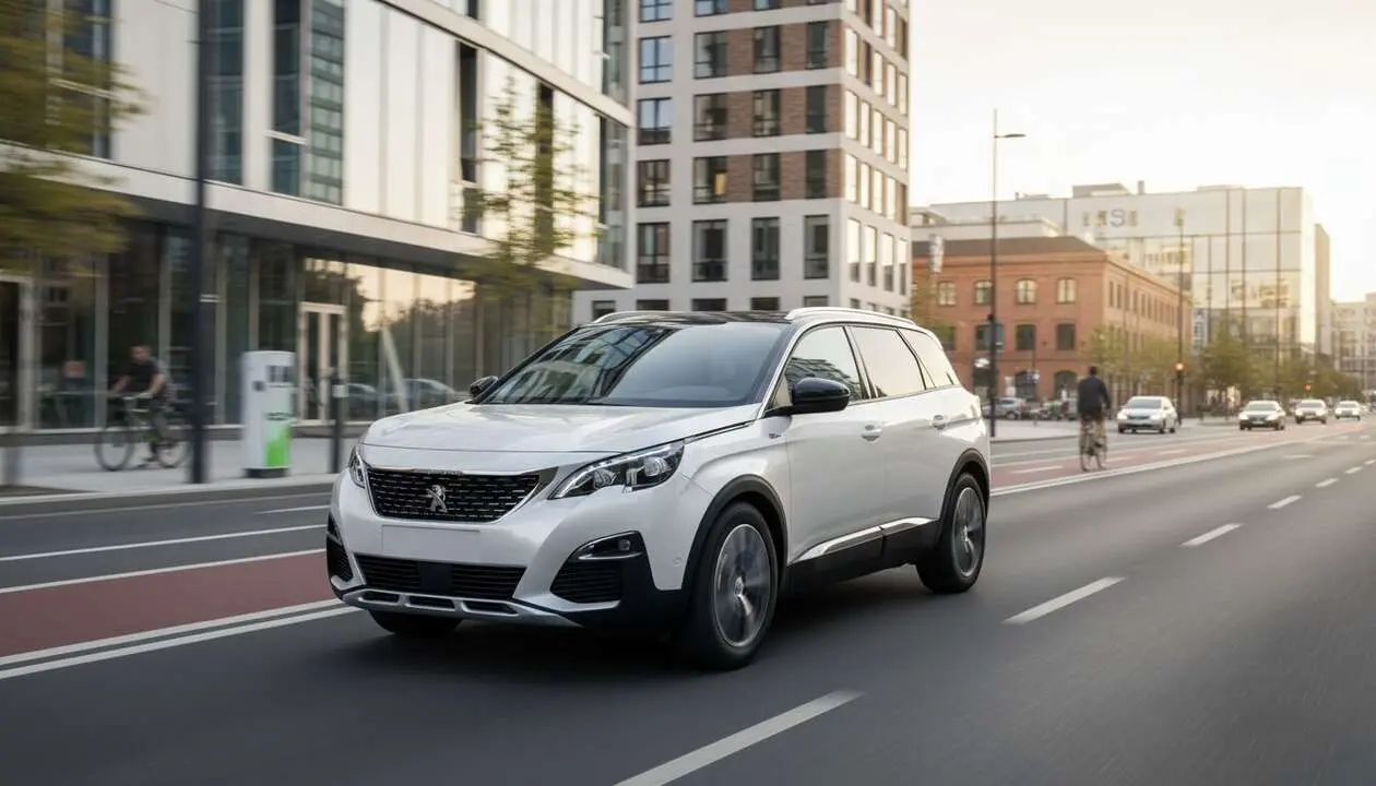  Peugeot 5008 Hybrid en ciudad mostrando su dise&ntilde;o moderno y eficiente para la movilidad urbana sostenible &mdash; Imagen generada por IA 