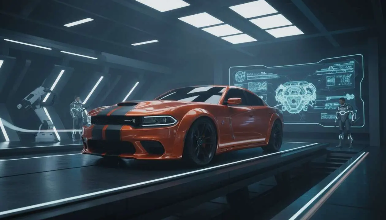  Dodge Charger Scat Pack 2026 en carretera mostrando su dise&ntilde;o agresivo y prestaciones potentes de la nueva versi&oacute;n &mdash; Imagen generada por IA 