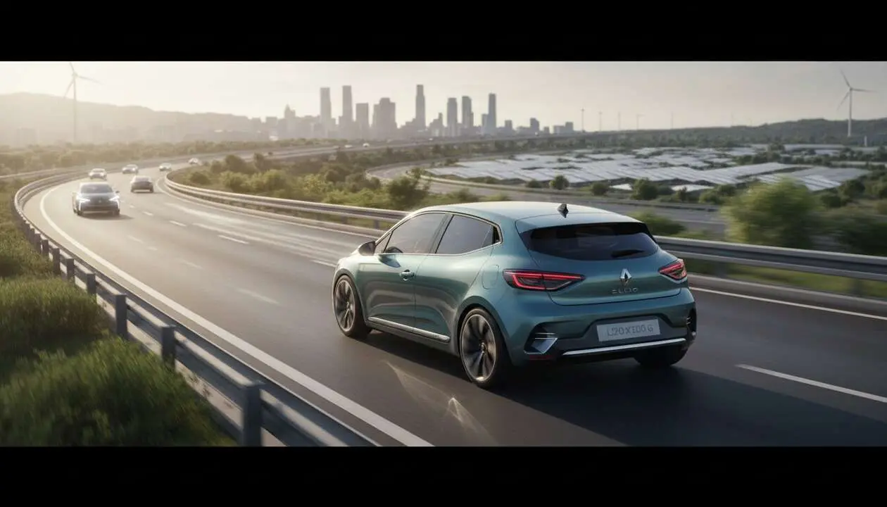  Renault Clio GLP ECO-G 2026 en carretera mostrando su tecnolog&iacute;a ecol&oacute;gica y dise&ntilde;o moderno para el futuro sostenible &mdash; Imagen generada por IA 